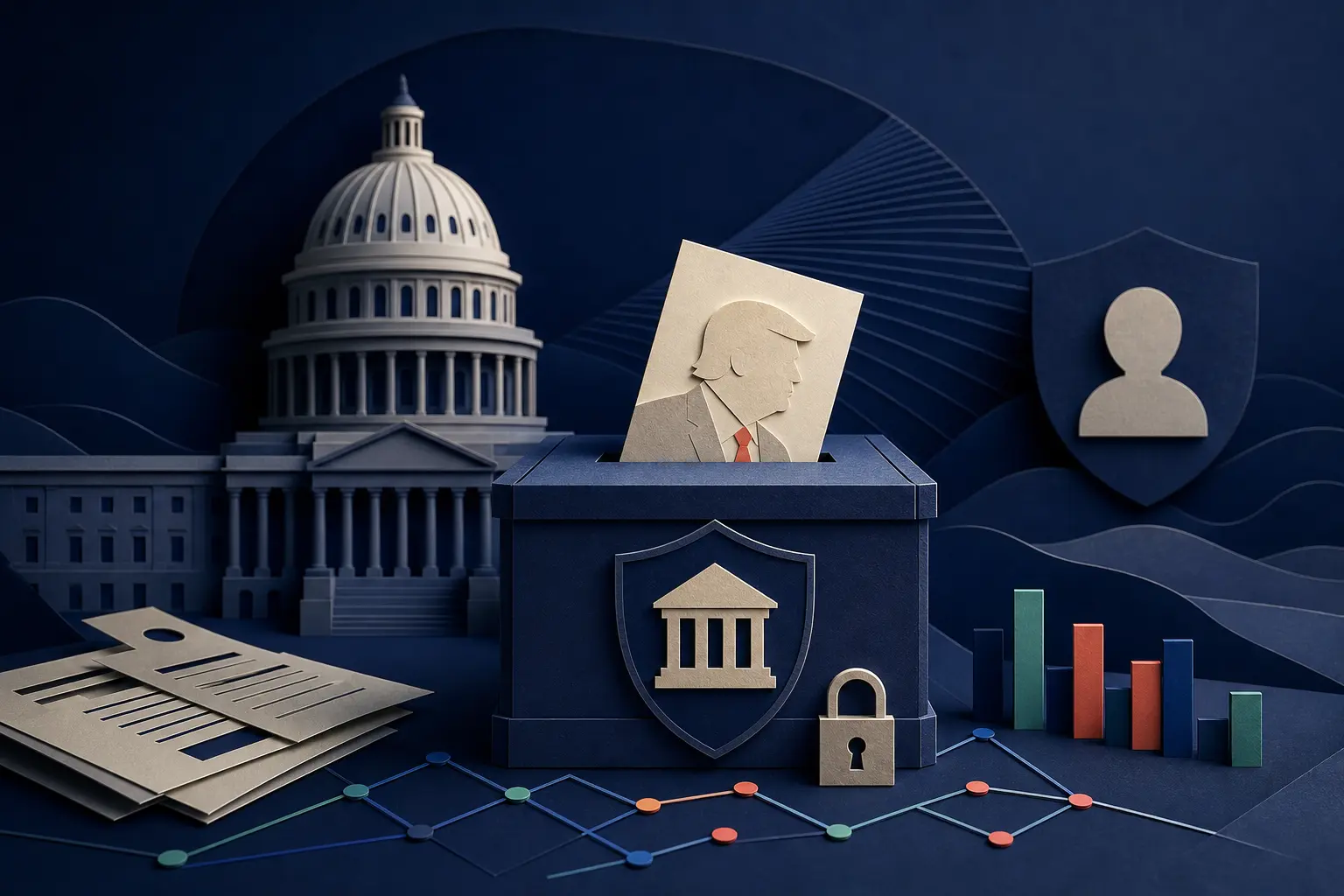 Editorial illustration for: Will Trump declare a national emergency over election interference by 31 December 2026?