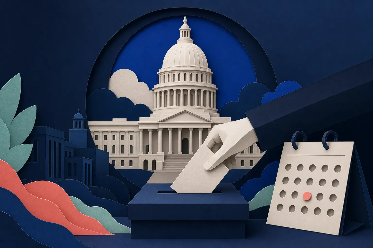 Editorial illustration for: Will the 2026 US midterm elections take place as scheduled on 3 November 2026?