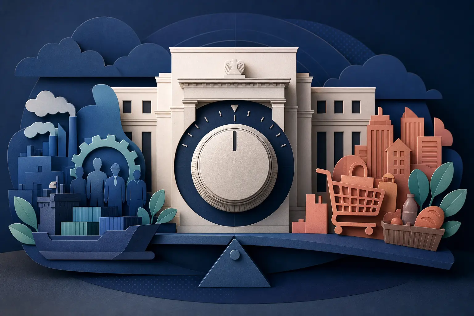 Ilustracja redakcyjna wydarzenia: Czy Fed utrzyma stopy procentowe bez zmian na posiedzeniu w lipcu 2026 roku?