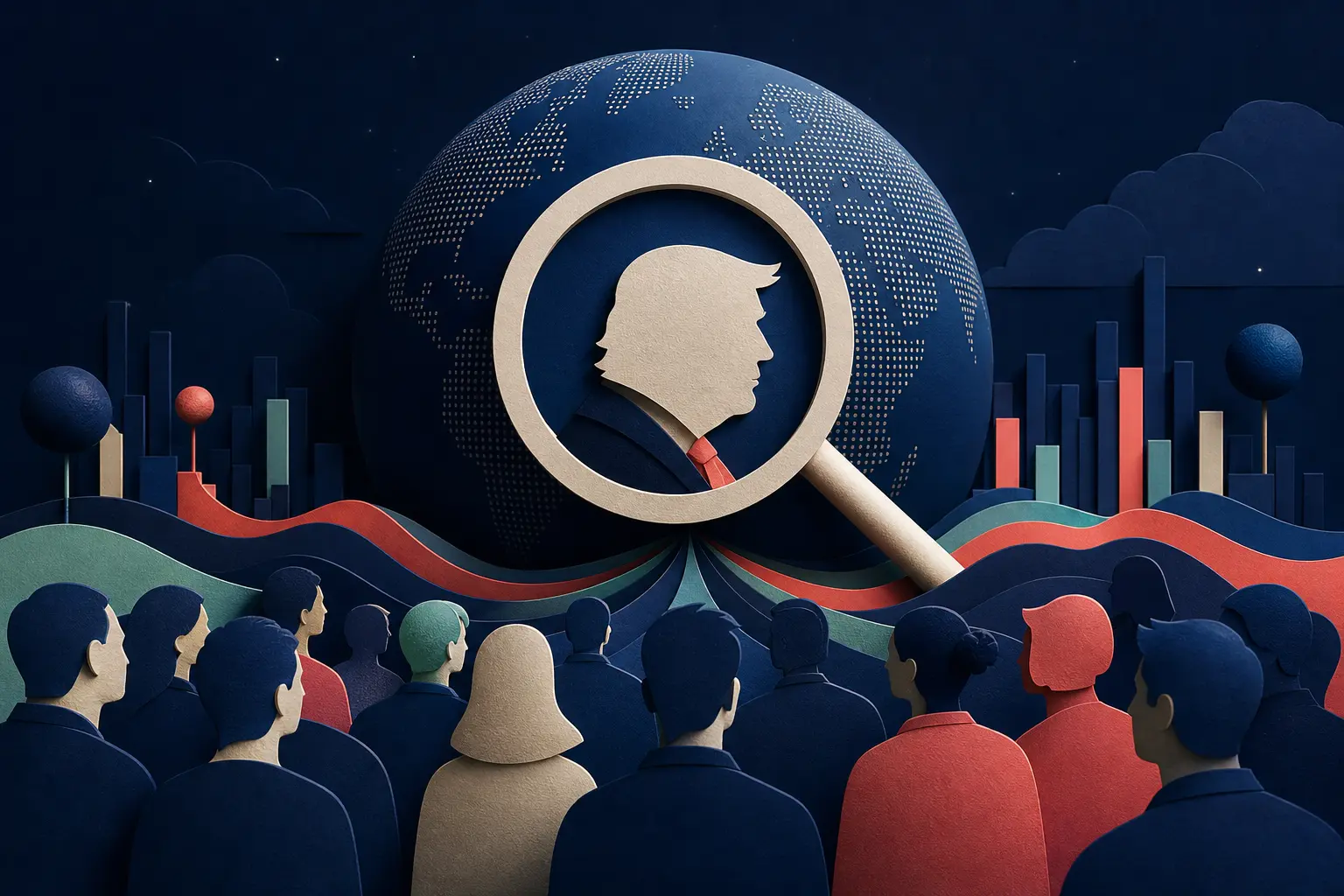 Redaktionelle Illustration zum Ereignis: Wird Donald Trump 2026 die meistgesuchte Person bei Google weltweit?