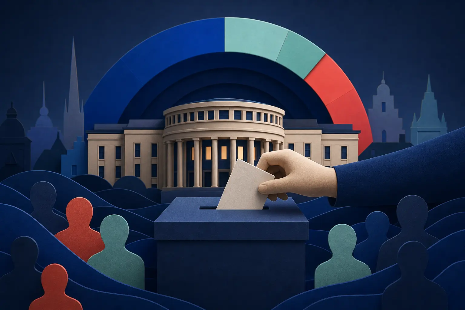 Redaktionelle Illustration zum Ereignis: Wird die schwedische Sozialdemokratie (S) bei der Wahl 2026 die meisten Mandate gewinnen?