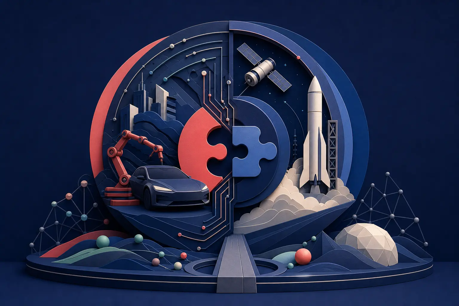 Redaktionelle Illustration zum Ereignis: Werden Tesla und SpaceX bis Ende 2026 offiziell fusionieren?