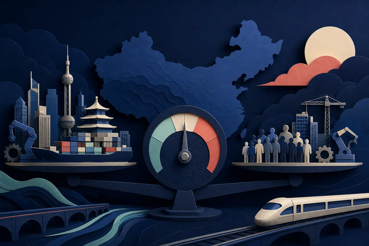 Redaktionelle Illustration zum Ereignis: Wächst Chinas Wirtschaft 2026 offiziell zwischen 4,0 und 5,0 Prozent?