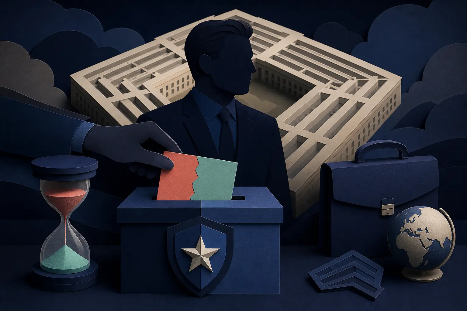 Editorial illustration for: Will Pete Hegseth leave the role of US Secretary of Defense by 31 December 2026?