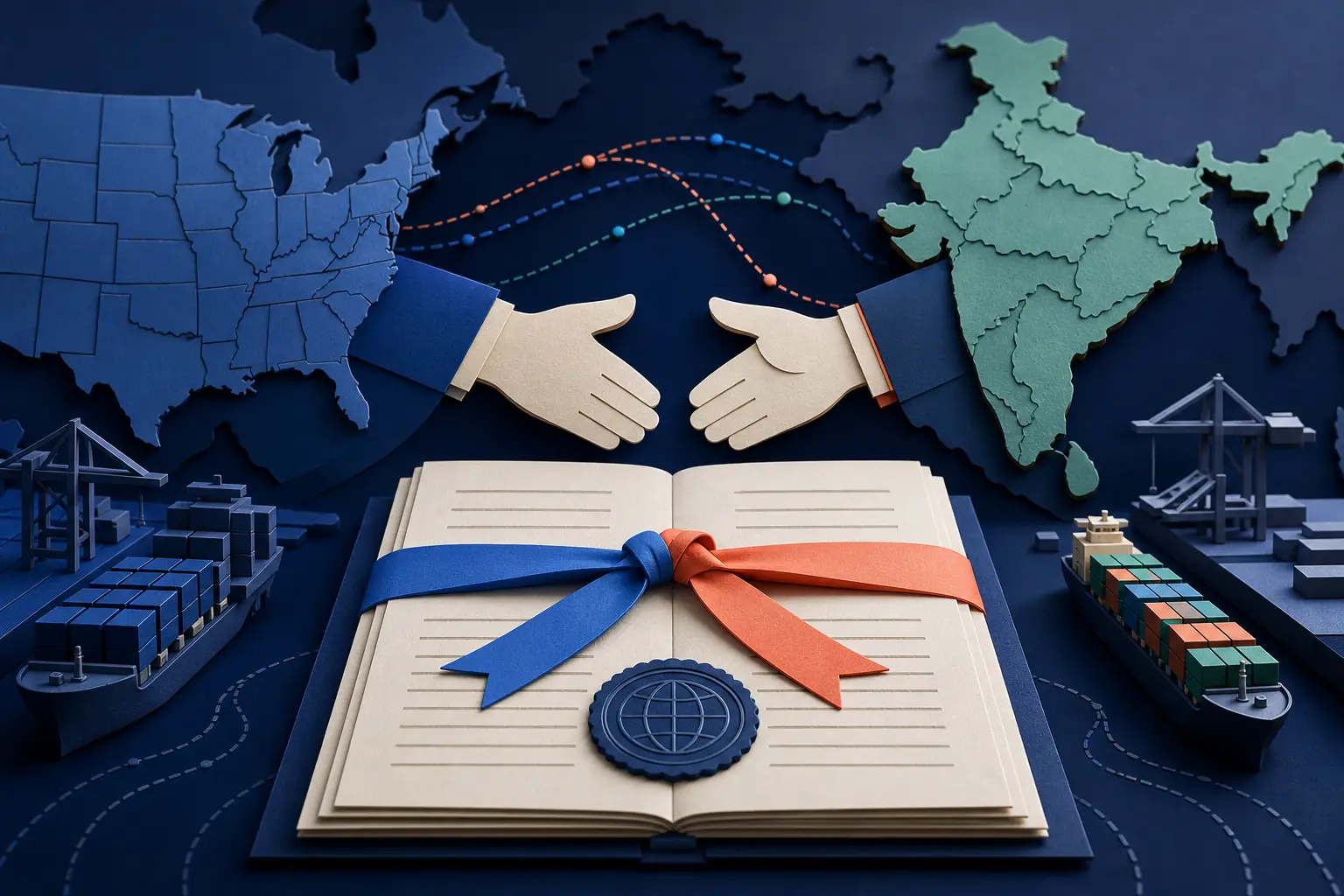 Editorial illustration for: Will the US sign a new trade deal with India before 2027?