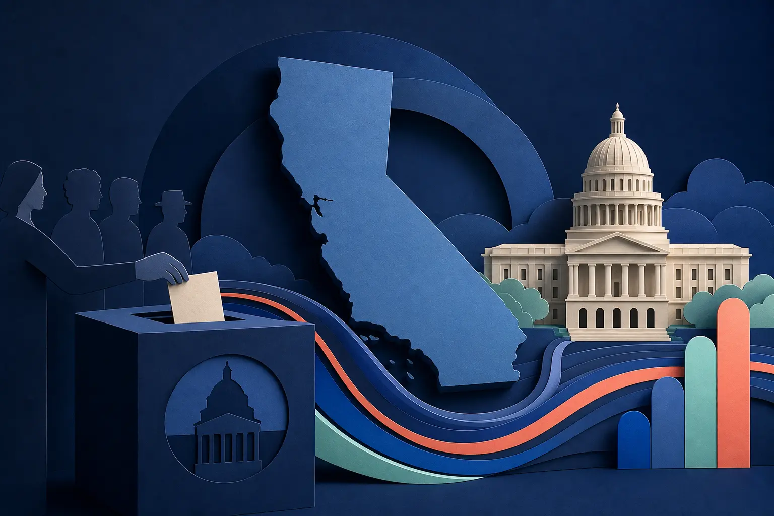 Editorial illustration for: Will Xavier Becerra win the 2026 California governor election?