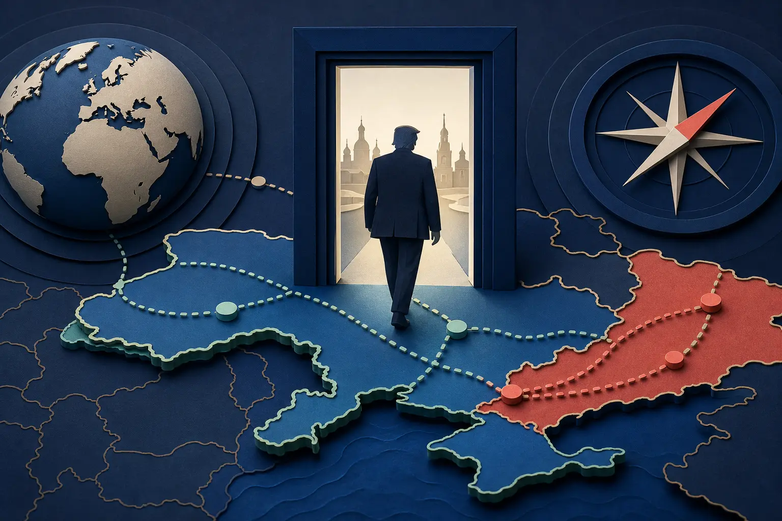 Editorial illustration for: Will Donald Trump visit Ukraine by 31 December 2026?