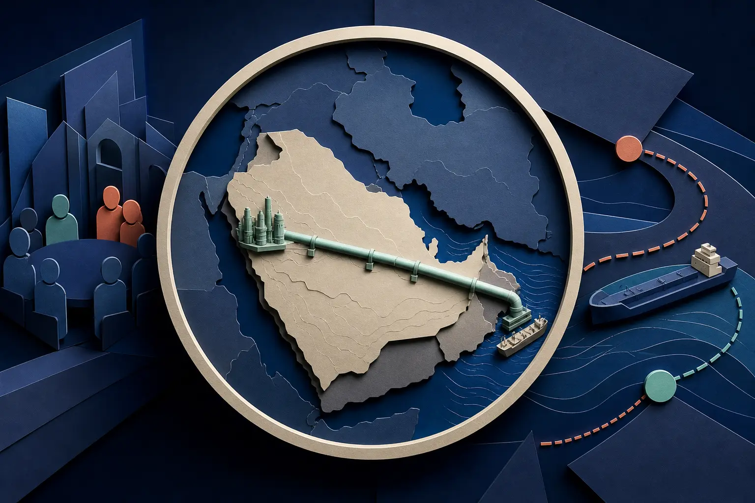 Redaktionelle Illustration zum Ereignis: Wird Saudi-Arabiens Ost-West-Pipeline bis zum 30. September 2026 wieder in Betrieb gehen?