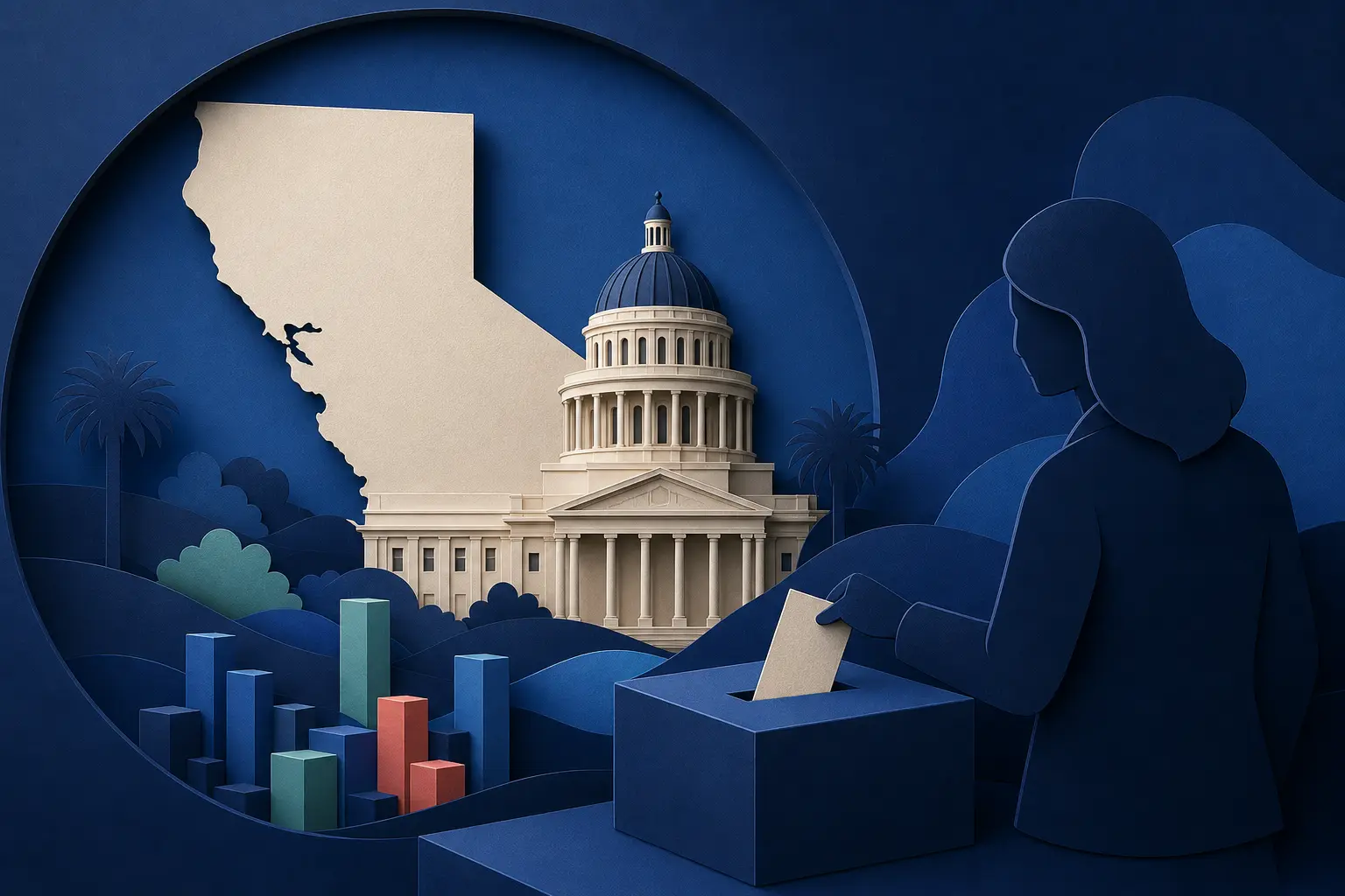 Editorial illustration for: Will Kamala Harris win the 2026 California Governor election?