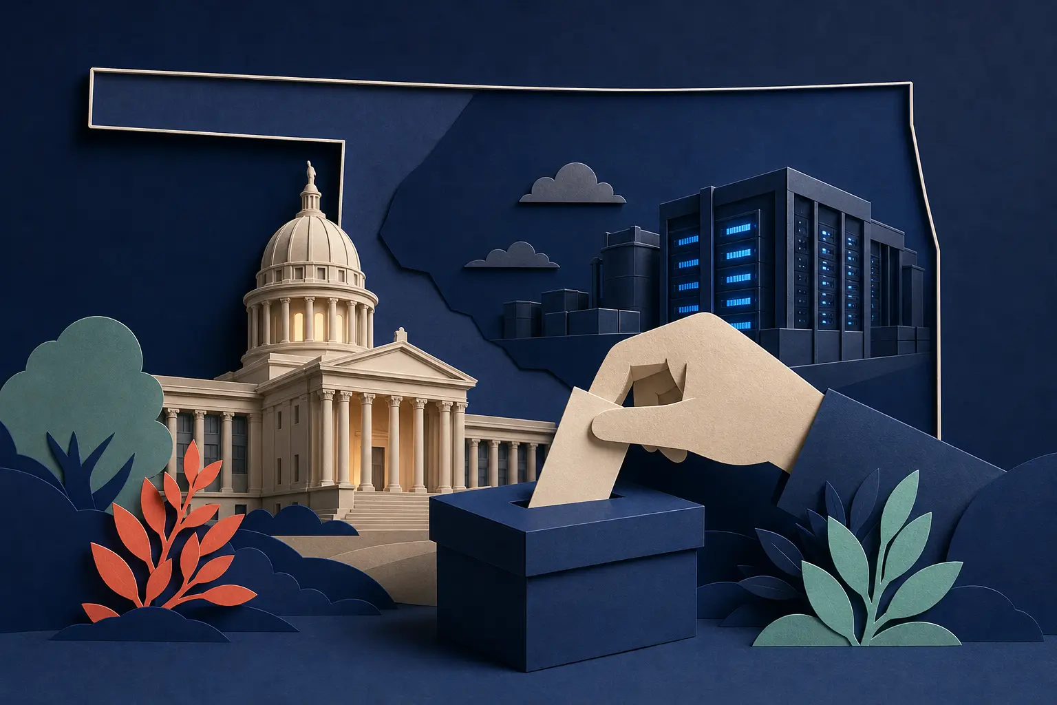 Editorial illustration for: Will Oklahoma enact a statewide data center moratorium by 30 June 2027?