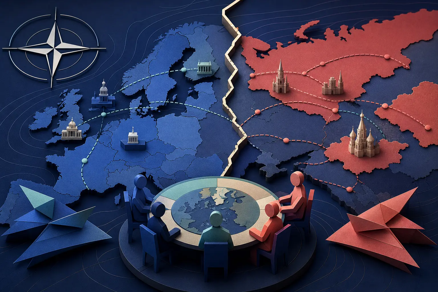 Redaktionelle Illustration zum Ereignis: Kommt es bis Ende August 2026 zu einem direkten militärischen Zusammenstoß zwischen NATO und Russland?