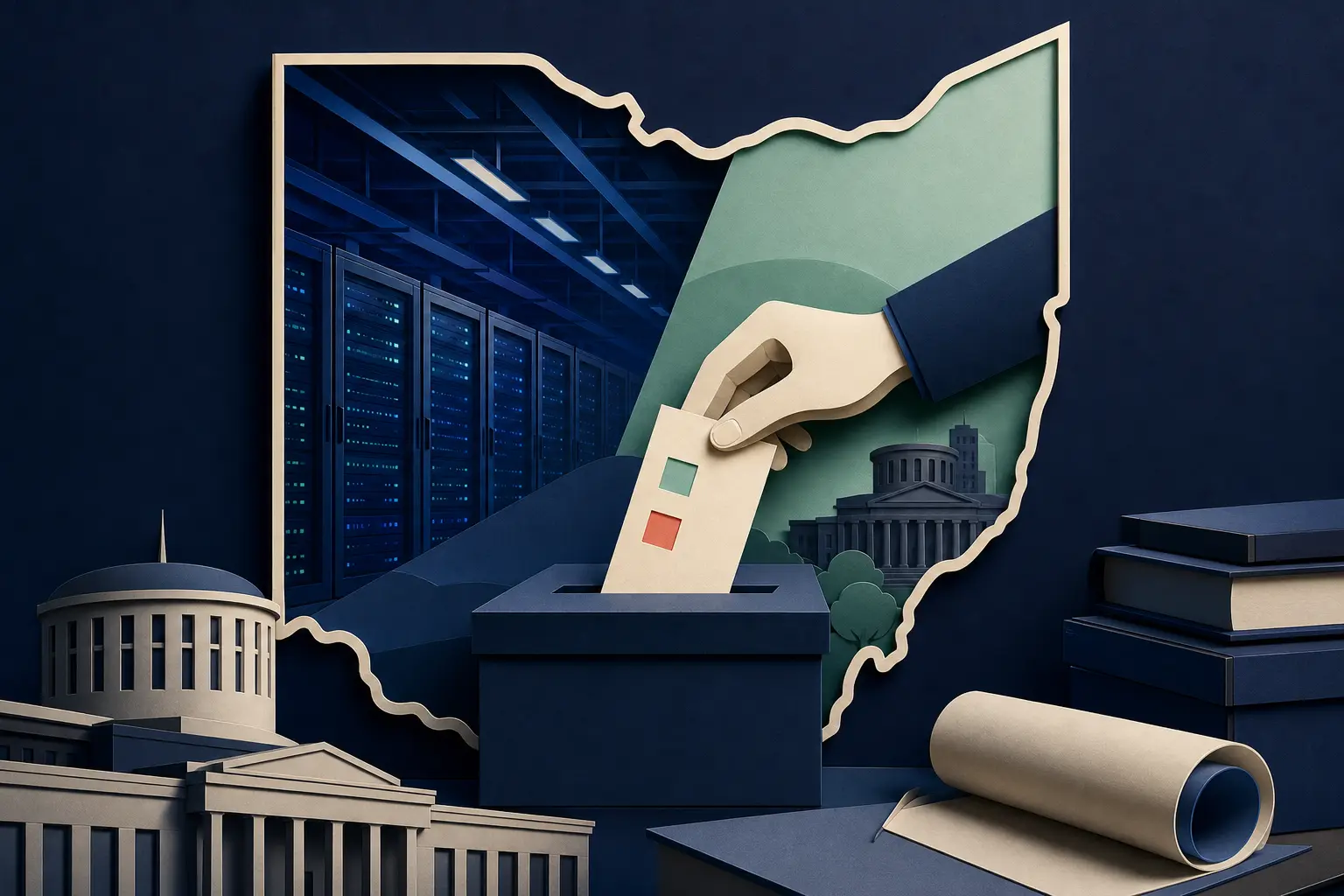 Editorial illustration for: Will Ohio enact a statewide data center moratorium by the end of 2026?