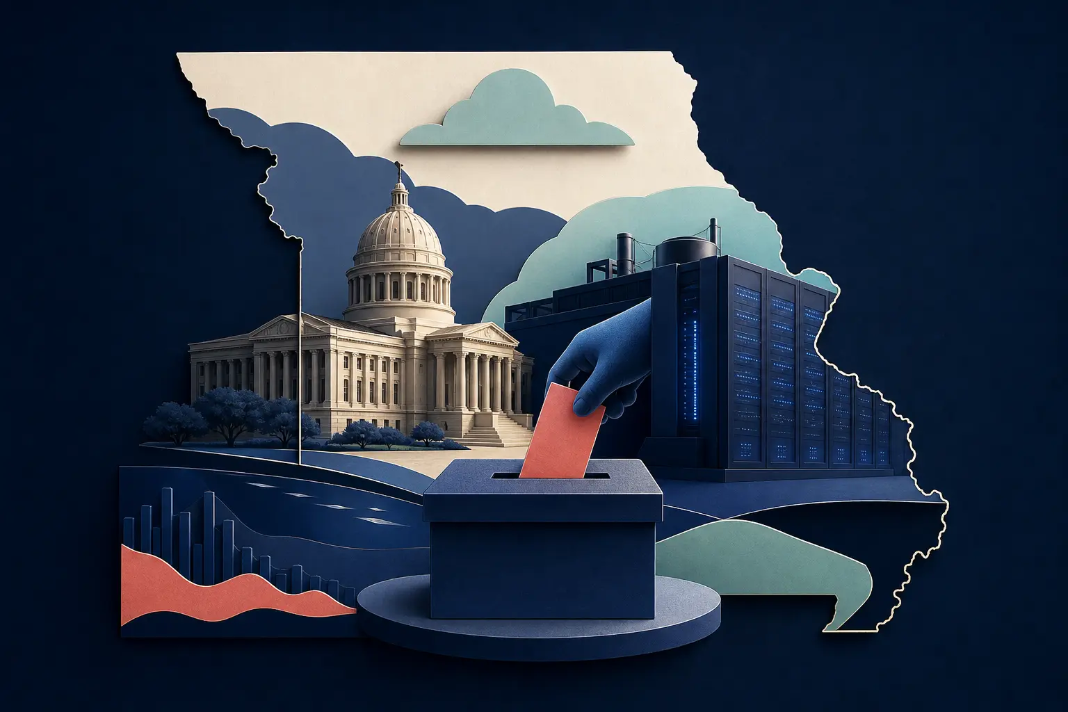 Editorial illustration for: Will Missouri enact a statewide data center moratorium by 31 December 2026?