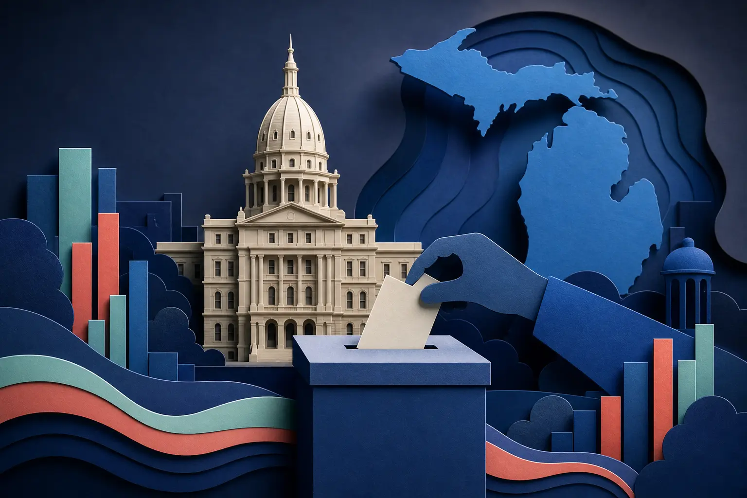 Editorial illustration for: Will the Democratic candidate win the 2026 Michigan governor race?
